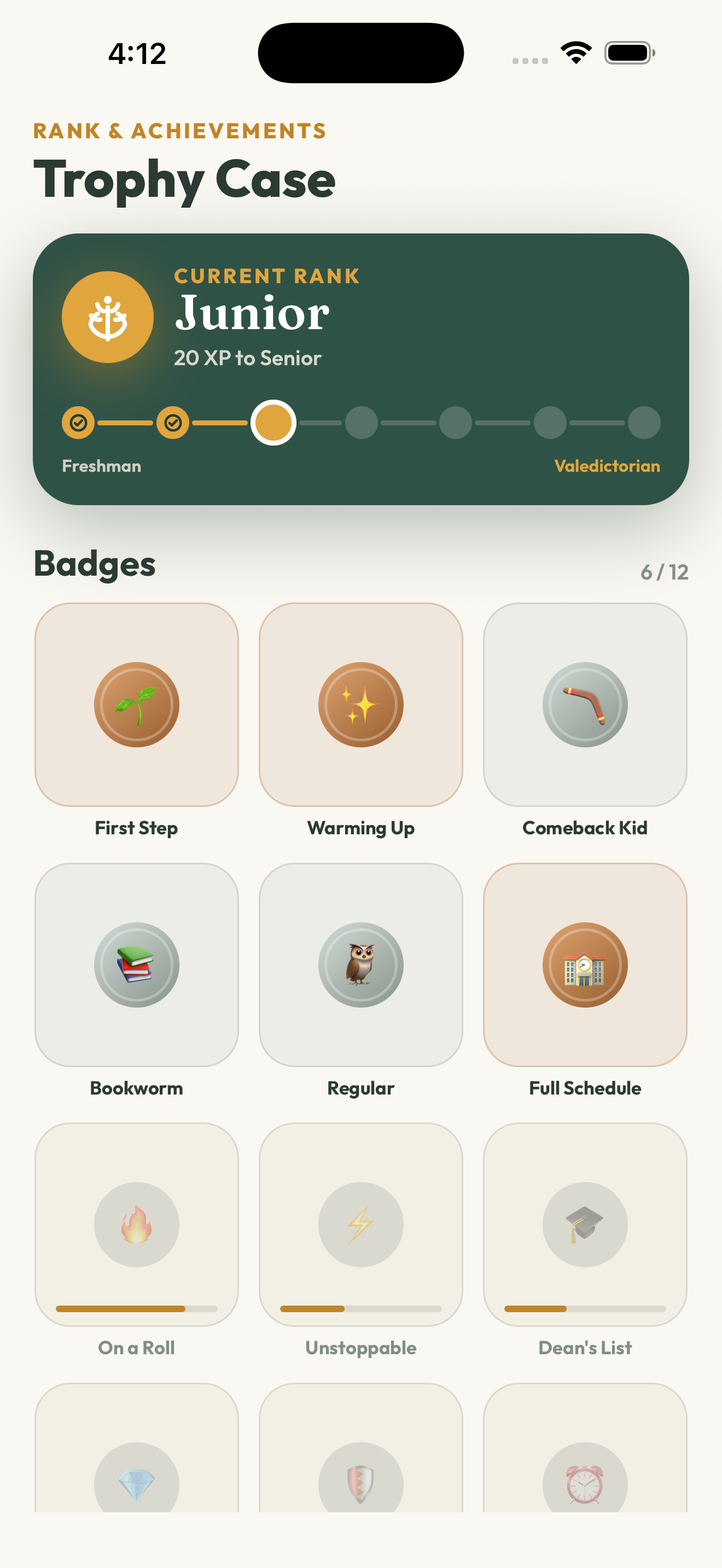 Trophy Case — ranks + badges